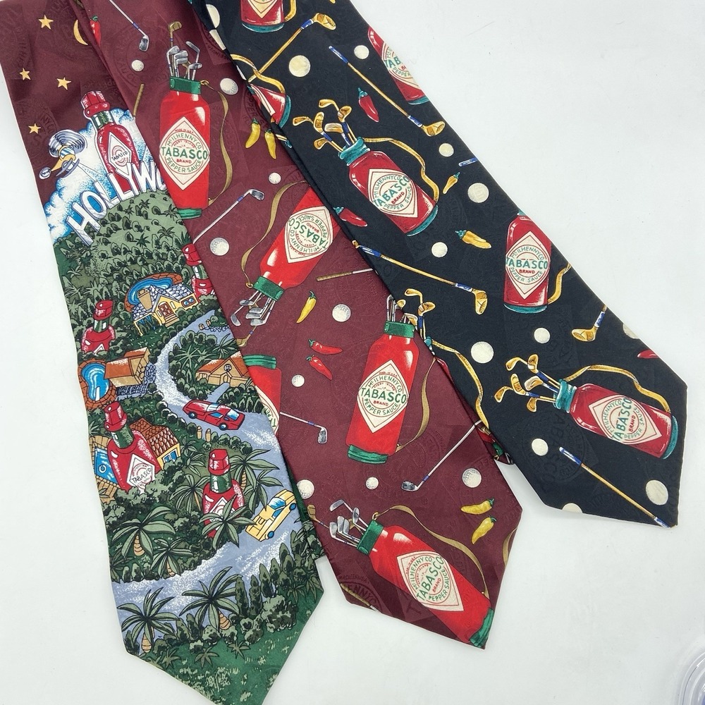 Tabasco Silk Neckties Lot Of 3 Novelty Food Hot Sauce Golf USA-Made Vintage